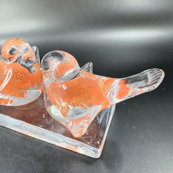 Vintage Murano ICET Hand Blown Glass Love Birds On Clear Block Sculpture Orange - Picture 7 of 14